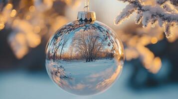 A Christmas Ornament Reflecting a Snowy Forest Scene photo