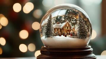 A Miniature Winter Village Scene Inside a Glass Snow Globe photo