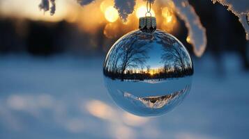 A Reflective Christmas Ornament Hanging in a Winter Wonderland with a Sunset Reflected in the Bauble photo