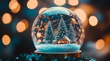 Illuminated Christmas Village Scene Inside a Snow Globe photo