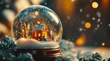 iluminado casa figurilla dentro un nieve globo con un Nevado antecedentes foto