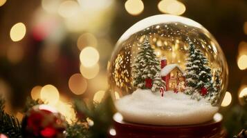A Snow Globe with a Small House and Pine Trees photo