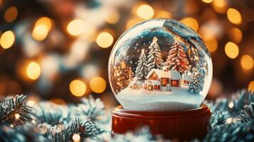 A Christmas snow globe with a wintery scene inside, surrounded by a snowy pine branch and warm, blurred lights. photo