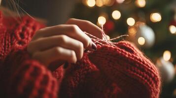 Close-up of a Woman's Hand Holding Red and White String, Blurry Christmas Lights in Background photo