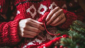 Close-up of a Person's Hands Holding a Red Knitted Sweater photo