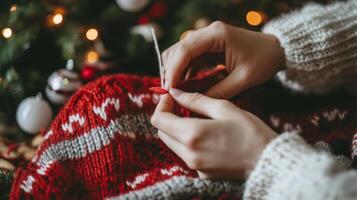 Close-up of Hands Knitting a Red and White Pattern with a Christmas Tree in the Background photo
