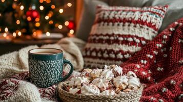 Cozy Winter Scene with Hot Beverage, Cookies, and Knitted Blankets photo