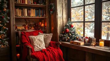 Cozy Christmas Corner with Books, Candles, and Decorated Trees photo