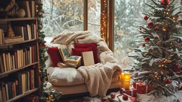 Cozy Winter Reading Nook with a Christmas Tree and Presents photo