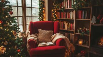 Cozy Christmas Reading Nook with Red Armchair and Book photo