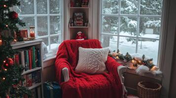 Cozy Red Chair by Window with Christmas Decorations and Snowy View photo