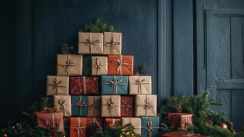 Stack of Wrapped Christmas Gifts with Pine Branches photo