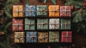 A Rustic Arrangement of Wrapped Gifts with Pine Branches and Pinecones photo