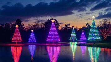 Illuminated Christmas Trees Reflected in a Pond at Night photo