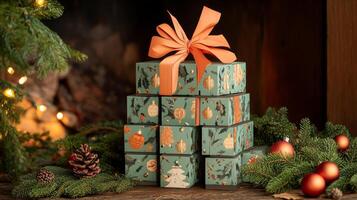 Stack of Festive Gift Boxes with Orange Bow and Christmas Decorations photo