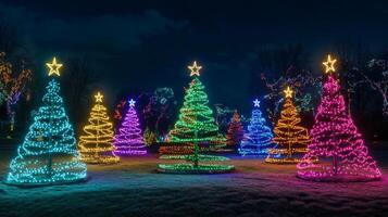 A Row of Colorful Christmas Trees Decorated with Twinkling Lights photo
