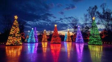 Illuminated Christmas Trees Reflecting in a Frozen Lake at Night photo