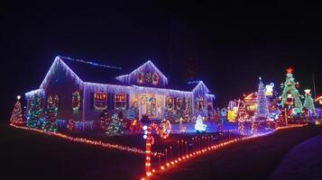 A House and Yard Decorated with Colorful Christmas Lights photo