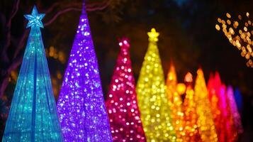 Illuminated Rainbow-Colored Christmas Trees with Star Toppers photo