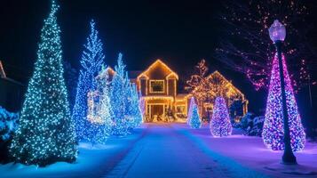 Christmas Lights Illuminating a Snowy Suburban Home photo