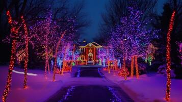 Festive Christmas Lights Illuminating a Snowy Driveway photo