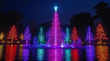 Illuminated Christmas Trees Reflecting in a Pond at Night photo