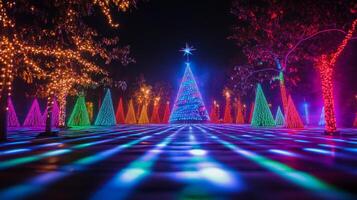 Illuminated Christmas Trees in a Nighttime Park photo