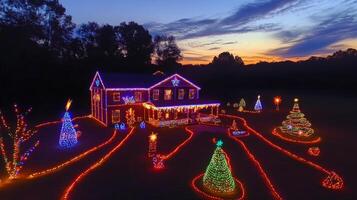 Christmas lights illuminate a house and yard with trees photo