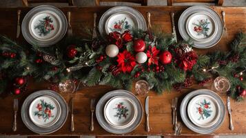 Festive Christmas Table Setting with Evergreen Garland and Ornamental Accents photo