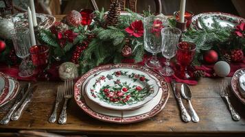 Festive Christmas Table Setting with Holly-Patterned Plates photo
