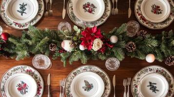 Festive Christmas Table Setting with White Plates, Green Garland, and Red Accents photo
