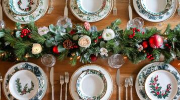 Festive Christmas Table Setting with Greenery, Flowers, and Ornaments photo