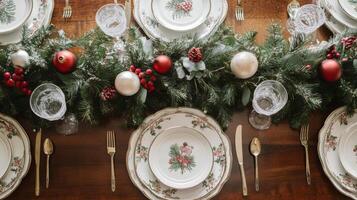 Festive Christmas Table Setting with Pine Garland and Ornaments photo