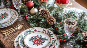 Festive Christmas Table Setting with Pine Branches and Ornaments photo