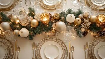 Festive Holiday Table Setting with Gold Accents and Christmas Ornaments photo