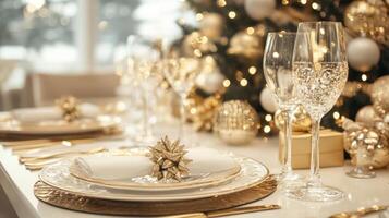 Festive Table Setting with Gold Accents and Christmas Ornaments photo