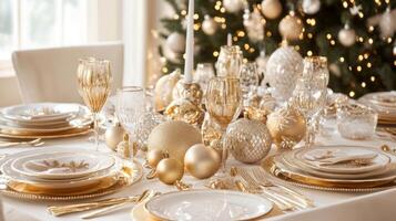 Elegant Christmas Table Setting with Gold Accents and Ornaments photo