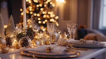 Festive Christmas Table Setting with Gold Accents and Twinkling Lights photo
