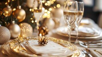 Elegant Christmas Table Setting with Champagne Flutes and Gold Accents photo