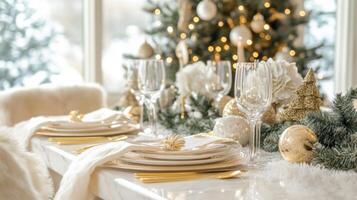 Festive Christmas Table Setting with Gold Accents and Evergreen Garland photo