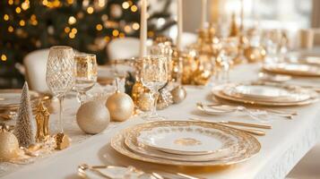 Festive Table Setting with Gold Accents and Christmas Ornaments photo