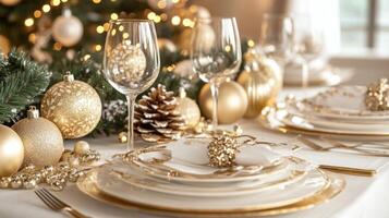 Elegant Christmas Table Setting with Gold Accents and Ornaments photo