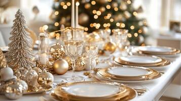 Festive Christmas Table Setting with Gold Accents and Decorations photo