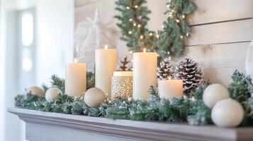 Candles, Ornaments, and Greenery on a Fireplace Mantel photo