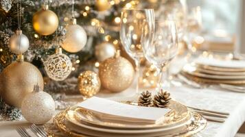 Festive Christmas Table Setting with Gold and White Decor photo