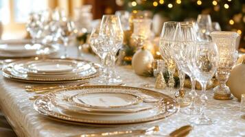 Elegant Table Setting with Gold Accents and Crystal Wine Glasses photo