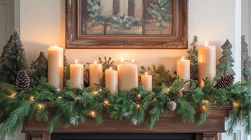 Lit Candles and Evergreen Garland on a Fireplace Mantel photo