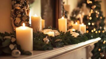 Lit Candles and Evergreen Garland on Mantelpiece photo
