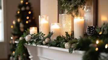 Lit Candles and Evergreen Garland on a White Mantel photo