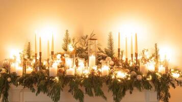 Festive Mantle Decorated with Evergreen Garland, Candles, and Lights photo